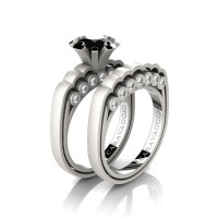 Caravaggio Classic 14K Matte White Gold 1.0 Ct Black and White Diamond Engagement Ring Wedding Band Set R637S-14KMWGDBD