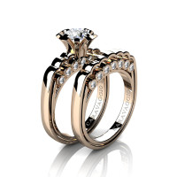 Caravaggio Classic 14K Rose Gold 1.0 Ct White Sapphire Diamond Engagement Ring Wedding Band Set R637S-14KRGDWS