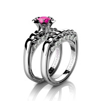 Caravaggio Classic 14K White Gold 1.0 Ct Pink Sapphire Diamond Engagement Ring Wedding Band Set R637S-14KWGDPS