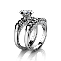 Caravaggio Classic 14K White Gold 1.0 Ct White Sapphire Diamond Engagement Ring Wedding Band Set R637S-14KWGDWS
