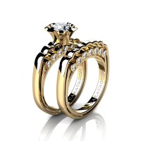 Caravaggio Classic 14K Yellow Gold 1.0 Ct White Sapphire Diamond Engagement Ring Wedding Band Set R637S-14KYGDWS