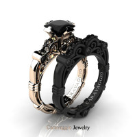 Caravaggio 14K Rose and Black Gold 1.25 Ct Princess Black Diamond Engagement Ring Wedding Band Set R623PS-14KRBGBD