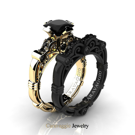 Caravagio-14K-Yellow-and-Black-Gold-1-25-Carat-Princess-Black-Diamond-Engagement-Ring-Wedding-Band-Set-R623PS-14KYBGBD-P