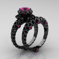 Caravaggio Lace 14K Black Gold 1.0 Ct Pink Sapphire Engagement Ring Wedding Band Set R634S-14KBGPS