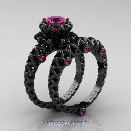 Caravaggio-Lace-14K-Black-Gold-1-Carat-Pink-Sapphire-Engagement-Ring-Wedding-Band-Bridal-Set-R634S-14KBGPS-P