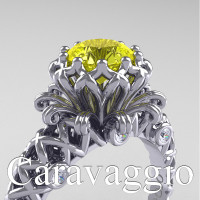 Caravaggio Lace 14K White Gold 1.0 Ct Yellow Sapphire Diamond Engagement Ring R634-14KWGDYS