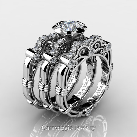 Art-Masters-Caravaggio-Trio-950-Platinum-1-Carat-White-Sapphire-Diamond-Engagement-Ring-Wedding-Band-Set-R623S3-PLATDWS-P