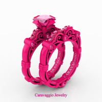 London Exclusive Caravaggio 14K Fuchsia Gold 1.25 Ct Princess Pink Sapphire Engagement Ring Wedding Band Set R623PS-14KFPGPS