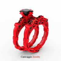 London Exclusive Caravaggio 14K Red Gold 1.25 Ct Princess Black Diamond Engagement Ring Wedding Band Set R623PS-14KREGBD