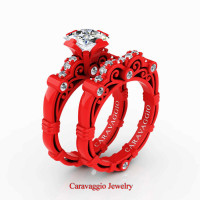 London Exclusive Caravaggio 14K Red Gold 1.25 Ct Princess White Sapphire Diamond Engagement Ring Wedding Band Set R623PS-14KREGDWS