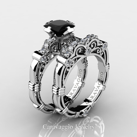 Art Masters Caravaggio 14K White Gold 1.25 Ct Princess Black Sapphire Diamond Engagement Ring Wedding Band Set R623PS-14KWGDBLS