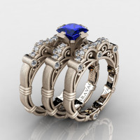Art Masters Caravaggio Trio 14K Matte Rose Gold 1.25 Ct Princess Blue Sapphire Diamond Engagement Ring Wedding Band Set R623PS3-14KMRGDBS