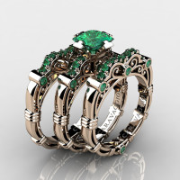 Art Masters Caravaggio Trio 14K Rose Gold 1.25 Ct Princess Emerald Engagement Ring Wedding Band Set R623PS3-14KRGEM