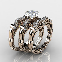 Art Masters Caravaggio Trio 14K Rose Gold 1.25 Ct Princess White Sapphire Diamond Engagement Ring Wedding Band Set R623PS3-14KRGDWS