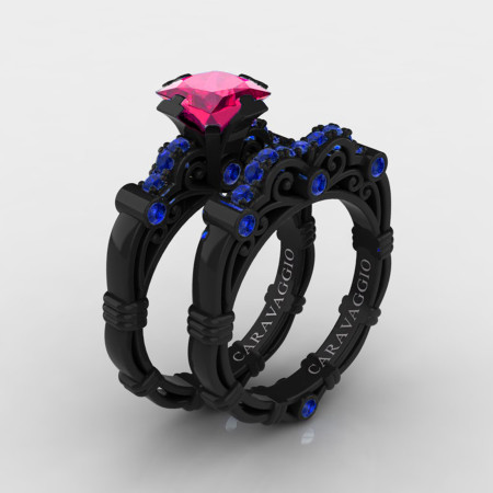 Caravaggio-14K-Black-Gold-1-25-Carat-Princess-Pink-and-Blue-Sapphire-Engagement-Ring-Wedding-Band-Set-R623PS-14KBGBSPS-P