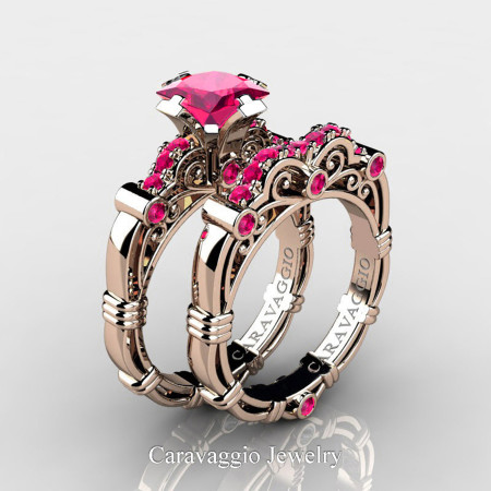 Art Masters Caravaggio 14K Rose Gold 1.25 Ct Princess Pink Sapphire Engagement Ring Wedding Band Set R623PS-14KRGPS