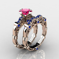 Art Masters Caravaggio 14K Rose Gold 1.25 Ct Princess Pink and Blue Sapphire Engagement Ring Wedding Band Set R623PS-14KRGBSPS