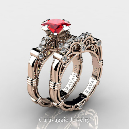 Art Masters Caravaggio 14K Rose Gold 1.25 Ct Princess Ruby Diamond Engagement Ring Wedding Band Set R623PS-14KRGDR