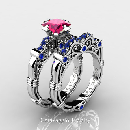 Caravaggio-14K-White-Gold-1-25-Carat-Princess-Pink-and-Blue-Sapphire-Engagement-Ring-Wedding-Band-Set-R623PS-14KWGBSPS-P