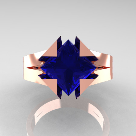 Neomodern 14K Rose Gold 2.0 CT Princess Blue Sapphire Engagement Ring R489-14KRGBS