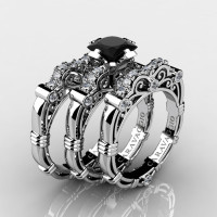 Art Masters Caravaggio Trio 14K White Gold 1.25 Ct Princess Black Sapphire Diamond Engagement Ring Wedding Band Set R623PS3-14KWGDBLS