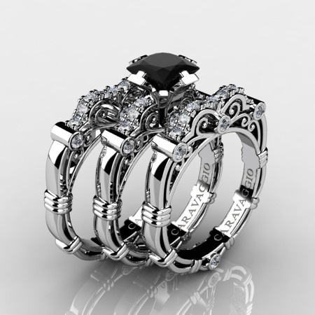 Art-Masters-Caravaggio-Trio-14K-White-Gold-1-25-Carat-Princess-Black-Sapphire-Diamond-Engagement-Ring-Wedding-Band-Set-R623PS3-14KWGDBLS-P – Copy