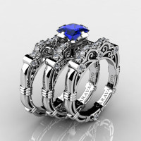 Art Masters Caravaggio Trio 14K White Gold 1.25 Ct Princess Blue Sapphire Diamond Engagement Ring Wedding Band Set R623PS3-14KWGDBS