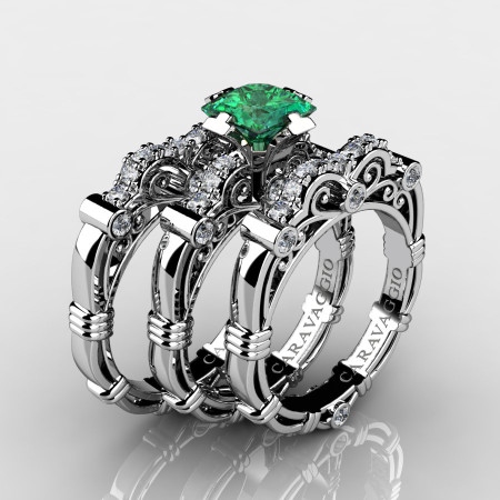 Art Masters Caravaggio Trio 14K White Gold 1.25 Ct Princess Emerald Diamond Engagement Ring Wedding Band Set R623PS3-14KWGDEM