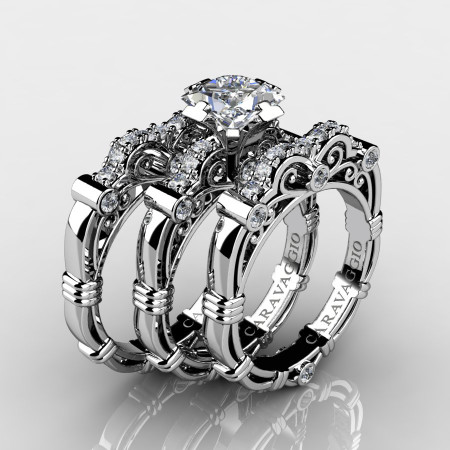 Art-Masters-Caravaggio-Trio-14K-White-Gold-1-25-Carat-Princess-White-Sapphire-Diamond-Engagement-Ring-Wedding-Band-Set-R623PS3-14KWGDWS-P
