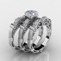 Art Masters Caravaggio Trio 14K Matte White Gold 1.25 Ct Princess White Sapphire Diamond Engagement Ring Wedding Band Set R623PS3-14KMWGDWS