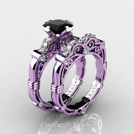 Art Masters Caravaggio 14K Lilac Gold 1.25 Ct Princess Black Sapphire Diamond Engagement Ring Wedding Band Set R623PS-14KLGDBLS