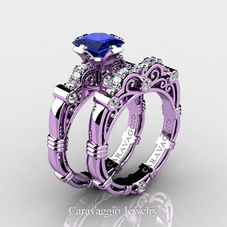 Art Masters Caravaggio 14K Lilac Gold 1.25 Ct Princess Blue Sapphire Diamond Engagement Ring Wedding Band Set R623PS-14KLGDBS