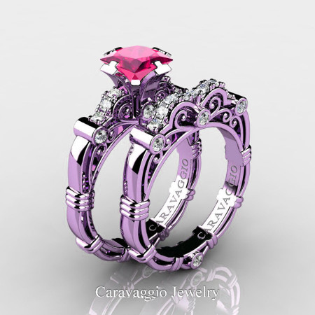 Art Masters Caravaggio 14K Lilac Gold 1.25 Ct Princess Pink Sapphire Diamond Engagement Ring Wedding Band Set R623PS-14KLGDPS