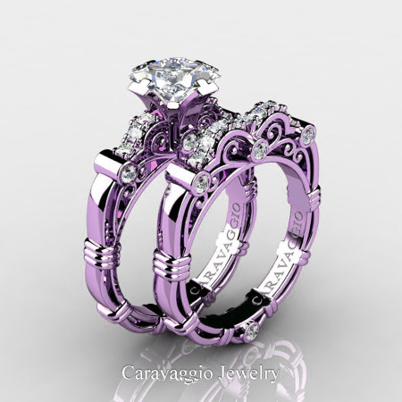 Art Masters Caravaggio 14K Lilac Gold 1.25 Ct Princess White Sapphire Diamond Engagement Ring Wedding Band Set R623PS-14KLGDWS