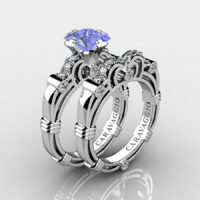 Art Masters Caravaggio 950 Platinum 1.25 Ct Princess Tanzanite Diamond Engagement Ring Wedding Band Set R623PS-PLATDTA