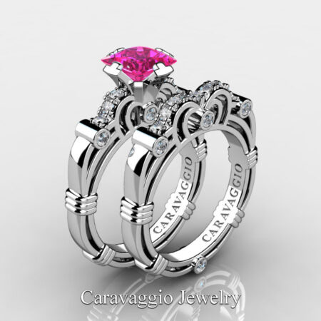 Art Masters Caravaggio 950 Platinum 1.25 Ct Princess Pink Sapphire Diamond Engagement Ring Wedding Band Set R623PS-PLATDPS