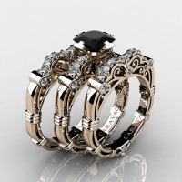 Art Masters Caravaggio Trio 14K Rose Gold 1.25 Ct Princess Black Sapphire Diamond Engagement Ring Wedding Band Set R623PS3-14KRGDBLS