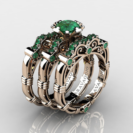 Art Masters Caravaggio Trio 14K Rose Gold 1.0 Ct Emerald Engagement Ring Wedding Band Set R623S3-14KRGEM