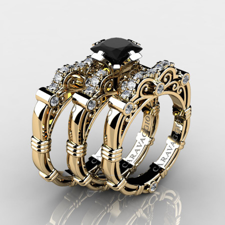 Art Masters Caravaggio Trio 14K Yellow Gold 1.25 Ct Princess Black Sapphire Diamond Engagement Ring Wedding Band Set R623PS3-14KYGDBLS