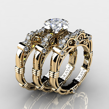 Art Masters Caravaggio Trio 14K Yellow Gold 1.25 Ct Princess White Sapphire Diamond Engagement Ring Wedding Band Set R623PS3-14KYGDWS