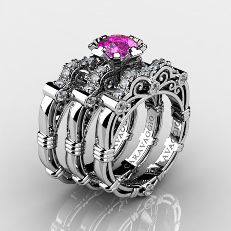 Art-Masters-Caravaggio-Trio-950-Platinum-1-Carat-Pink-Sapphire-Diamond-Engagement-Ring-Wedding-Band-Set-R623S3-PLATDPS-P