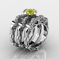 Art Masters Caravaggio Trio 950 Platinum 1.0 Ct Yellow Sapphire White Diamond Engagement Ring Wedding Band Set R623S3-PLATDYS