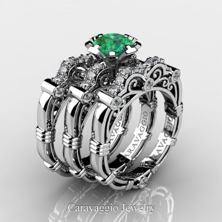 Art-Masters-Caravagio-Trio-950-Platinum-1-Carat-Emerald-Diamond-Engagement-Ring-Wedding-Band-Set-R623S3-PLATDEM-P