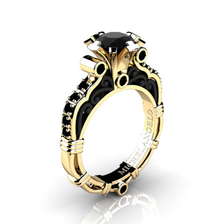 Art Masters Michelangelo 14K Two Tone Yellow Gold 1.0 Ct Black Diamond Engagement Ring R723-14KYBGBD