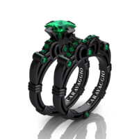 Art Masters Caravaggio 14K Black Gold 1.25 Ct Princess Emerald Engagement Ring Wedding Band Set R623PS-14KBGEM