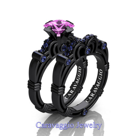 Art-Masters-Caravaggio-14K-Black-Gold-1-25-Carat-Princess-Light-Pink-and-Blue-Sapphire-Engagement-Ring-Wedding-Band-Set-R623PS-14KBGLBSLPS-P