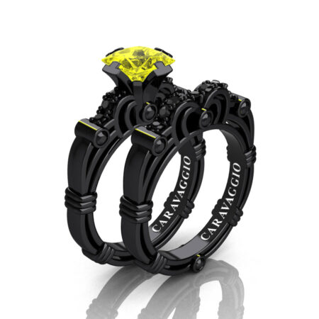 Art-Masters-Caravaggio-14K-Black-Gold-1-25-Carat-Princess-Yellow-Sapphire-Black-Diamond-Engagement-Ring-Wedding-Band-Set-R623PS-14KBGBDYS
