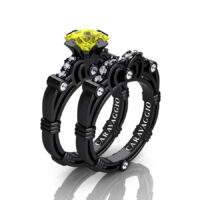 Art Masters Caravaggio 14K Black Gold 1.25 Ct Princess Yellow Sapphire Diamond Engagement Ring Wedding Band Set R623PS-14KBGDYS