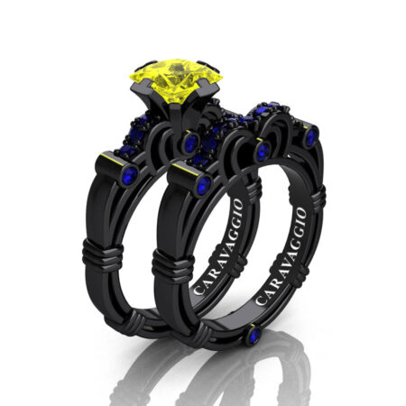 Art-Masters-Caravaggio-14K-Black-Gold-1-25-Carat-Princess-Yellow-and-Blue-Sapphire-Engagement-Ring-Wedding-Band-Set-R623PS-14KBGBSYS-P