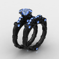 Art Masters Caravaggio 14K Black Gold 1.25 Ct Princess Light Blue Sapphire Engagement Ring Wedding Band Set R623PS-14KBGLBS